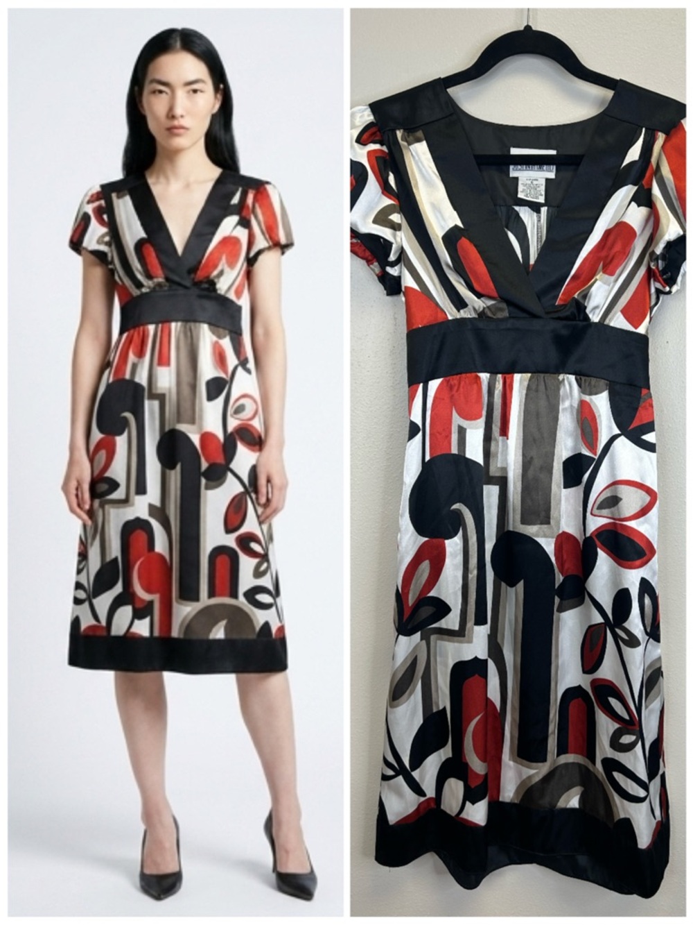 Satin 90s Y2K Abstract Print V-Neck Dress Black Red Size 6 Party Event Vintage